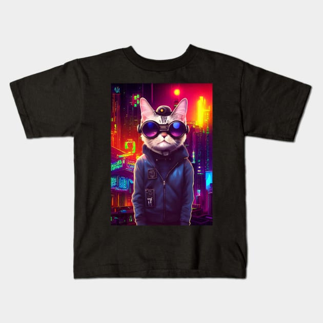 Techno Cat In Japan Neon City Kids T-Shirt by star trek fanart and more